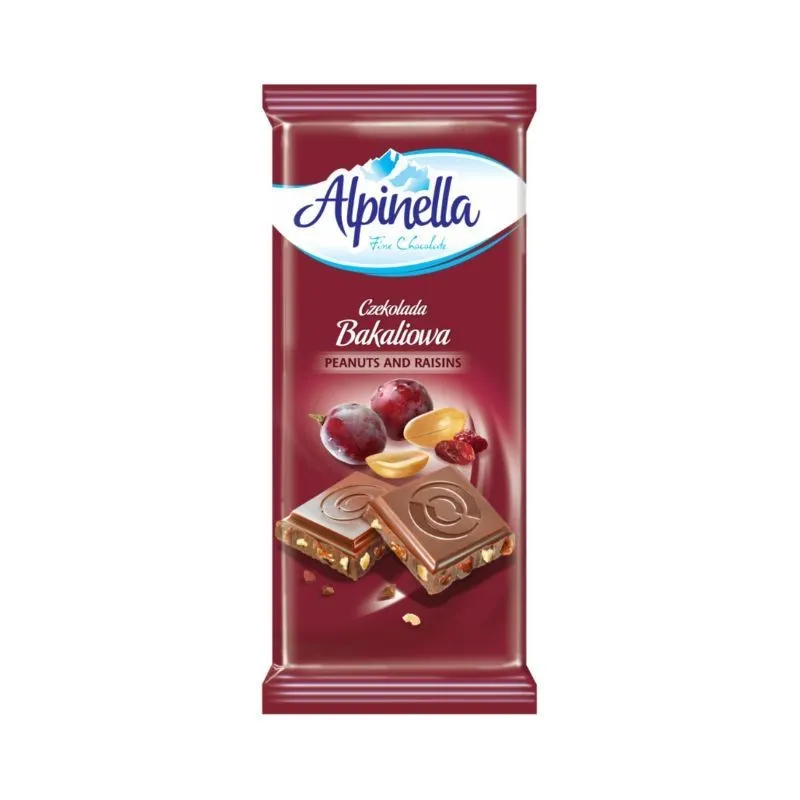 ALPINELLA MILK CHOCOLATE WITH RAISINS & PEANUTS 90 G - Alpinella Milk Chocolate with Raisins & Peanuts 90 g