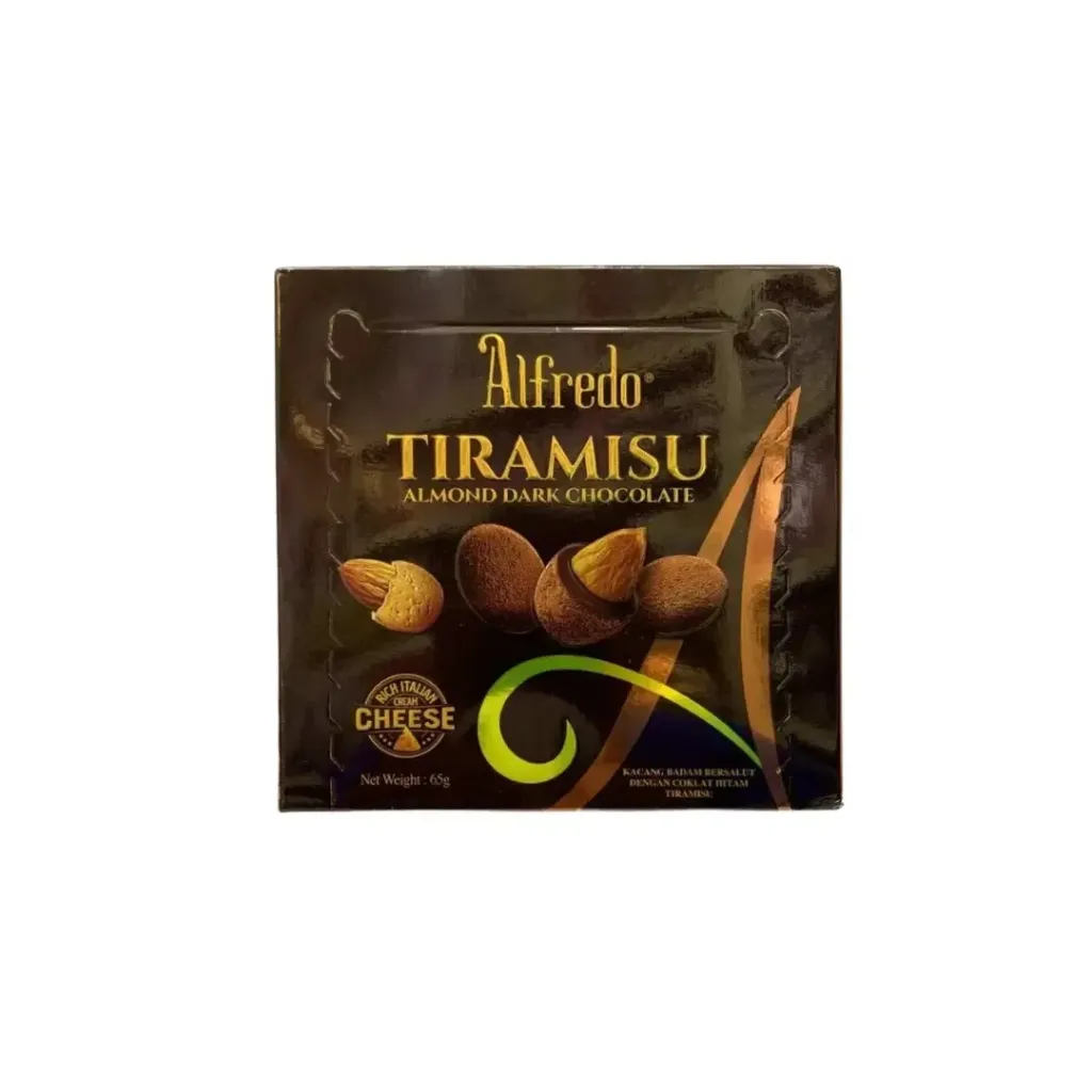 ALFREDO TIRAMISU ALMONDS DARK CHOCOLAT RICH CREAMY CHEESE 65G - الفريدو تراميسيو اللوز بالشوكولاتة الداكنة نكهة الجبنة الكريمى 65  جم