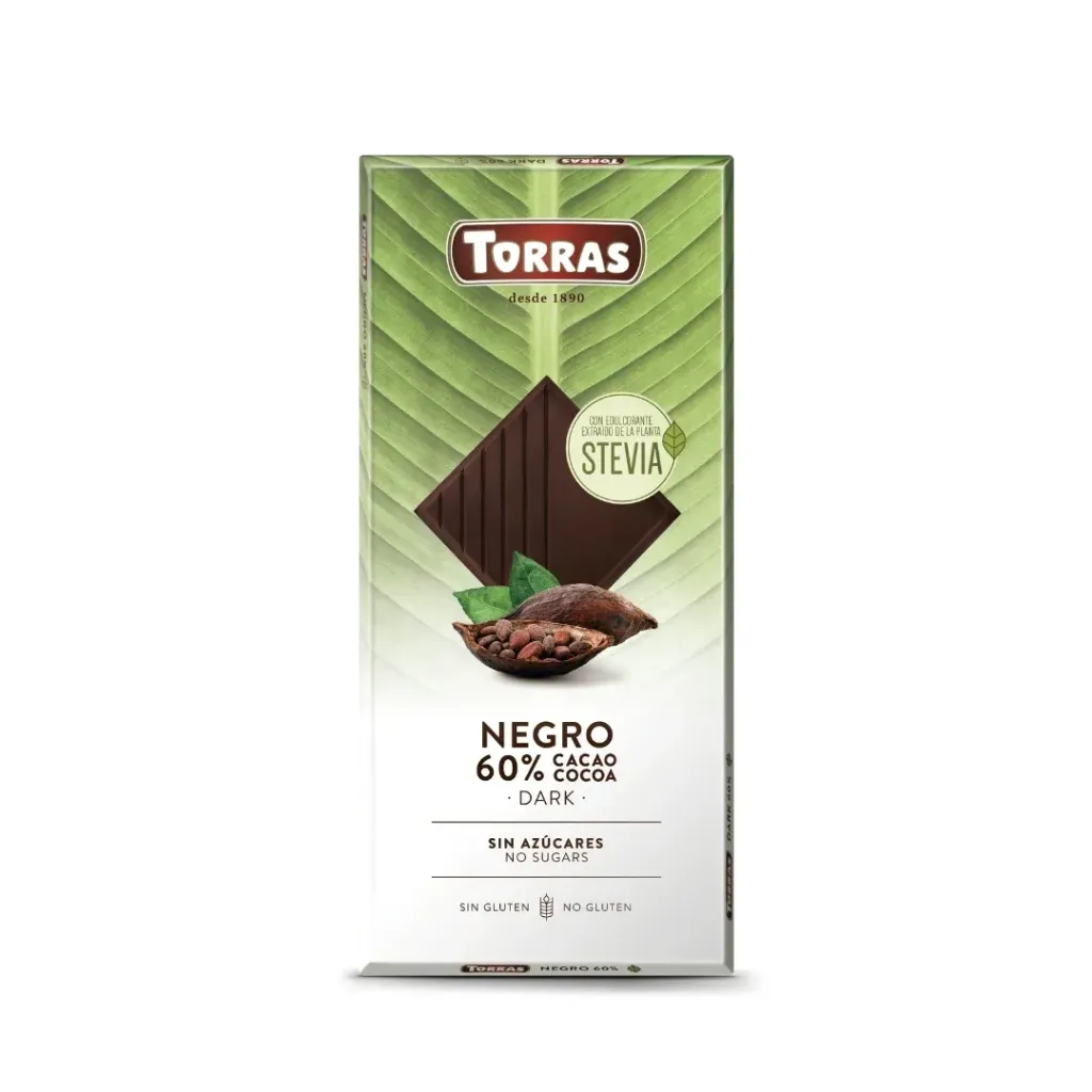 TORRAS STEVIA SUGAR FREE AND GLUTEN FREE 60% DARK CHOCOLATE 100G - توراس ستيفيا خالي من السكر والجلوتين %60 شوكولاتة داكنة 100ج