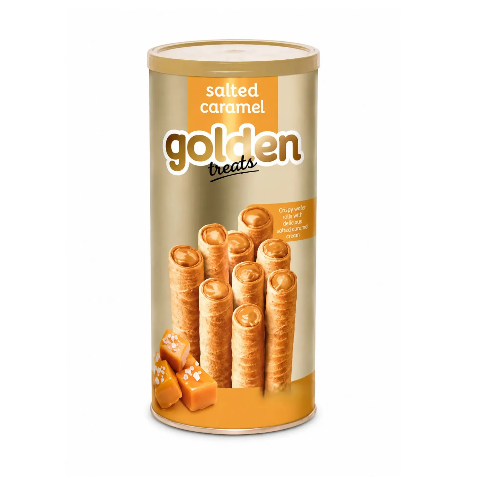 GOLDEN TREATS WAFER ROLLS WITH SALTED CARAMEL 135 G - جولدن تريتس أصابع ويفر الكراميل المالح 135 جم