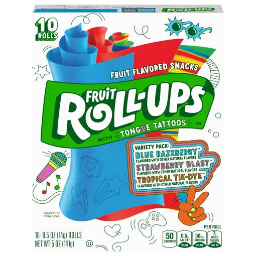 ROLL UPS BLUE RAZZBERRY, STRAWBERRY BLAST & TROPICAL TIE-DYE 141G - رول اب بالفراولة والتوت الازرق والفواكة المشكلة 141جم