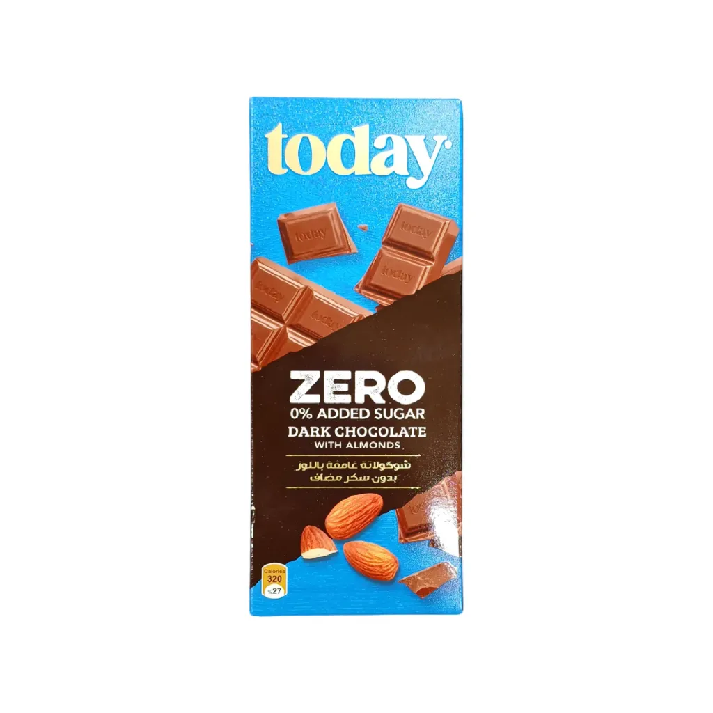 TODAT ZERO ADDED SUGAR DARK CHOCOLATE ALMOND 60 GM - شوكولاتة داكنة توداى خالية من السكر باللوز60  جرام