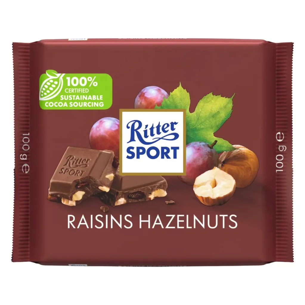 RITTER SPORT Raisins and hazelnuts CHOCOLATE 100G - شوكولاتة ريتر الزبيب و البندق 100جرام