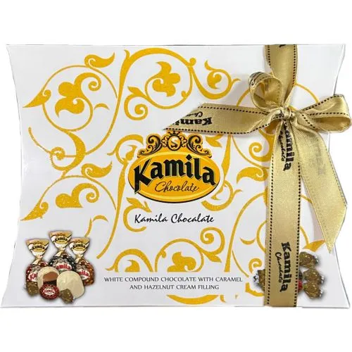 KAMILA WHITE BOX WHITE CHOCOLATE WITH CARAMIL AND HAZELNUT 300G - كاميلا وايت بوكس شوكلاتة بيضاء بالكراميل والبندق 300جم