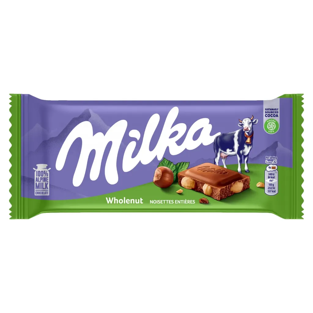 Milka Chocolate WHOLENUT 90g - ميلكا شوكولاته بالبندق الحبة الكاملة 90  جرام