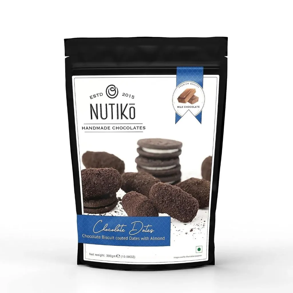 NUTIKO CHOCOLATE BISCUIT COATED DATES 300G - نوتيكو بسكويت الشيكولاتة المغطى للتمر واللوز 300جم