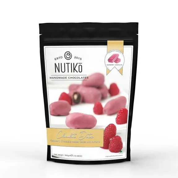 نوتيكو تمؤ بالشيكولاتة بالتوت واللوز 300  جم/NUTIKO CHOCOLATE DATES RASPBERRY CHOCOLATE COATED WITH ALMONDS 300 G