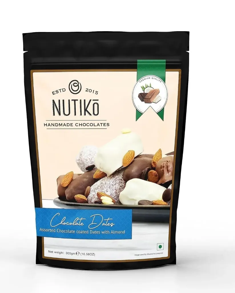 نوتيكو تمر بالشيكولاتة منوع باللوز 300  جم/NUTIKO ASSORTED CHOCOLATE DATES WITH ALMONDS 300 G