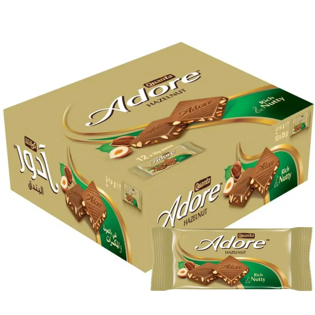 شوكولاتة كوانتا آدور البندق 25ج/QUANTA ADORE MILK CHOCOLATE HAZELNUT TABLETS 24*12*25G