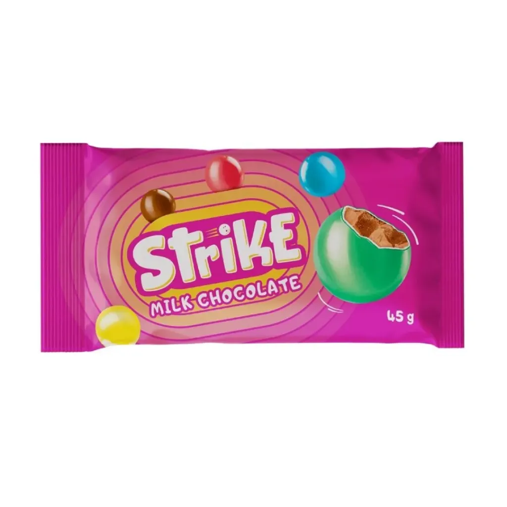 سترايك حلوى شوكولاتة بالحليب 45 جم/DRAGEE STRIKE MILK CHOCOLATE IN COLORED SUGAR GLAZE 45 G