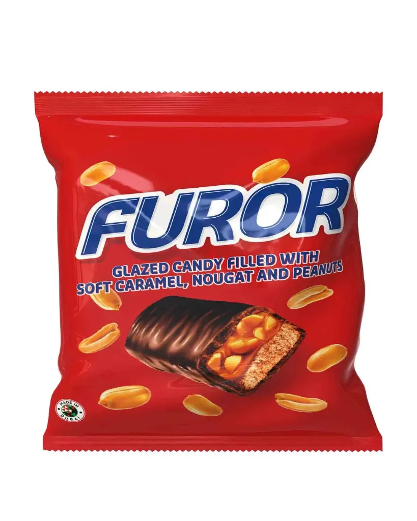 فرور بار الكراميل والفول السودانى والنوجا 500  جم/FUROR GLAZED CANDY WITH SOFT CARAMEL, NOUGAT AND PEANUTS 500G