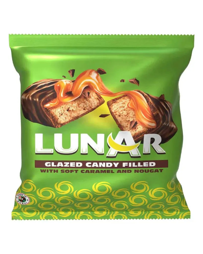 لونار مينى بار بالكراميل والنوجا مغطى بالشوكولاتة 500  جم/LUNAR GLAZED CANDY FILLED WITH SOFT CARAMEL AND NOUGAT 500 G