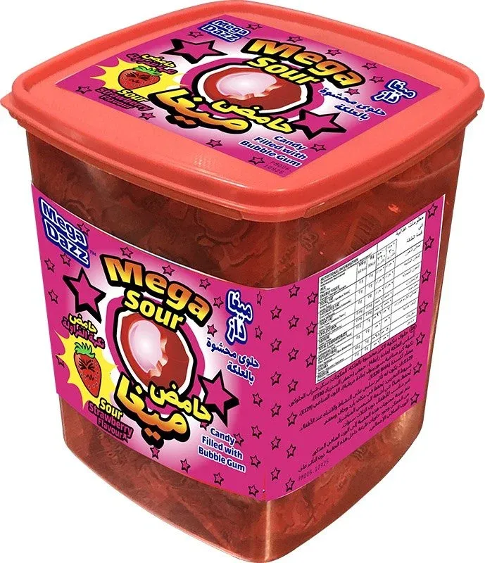 ميغا داز حلوى محشية بالعلكة نكهة الفرالوة الحامضة 960  جم(120حبة)/MEGA DAZZ CANDY FILLED WITH BUBBLE GUM SOUR STRAWBERRY FLAVOR