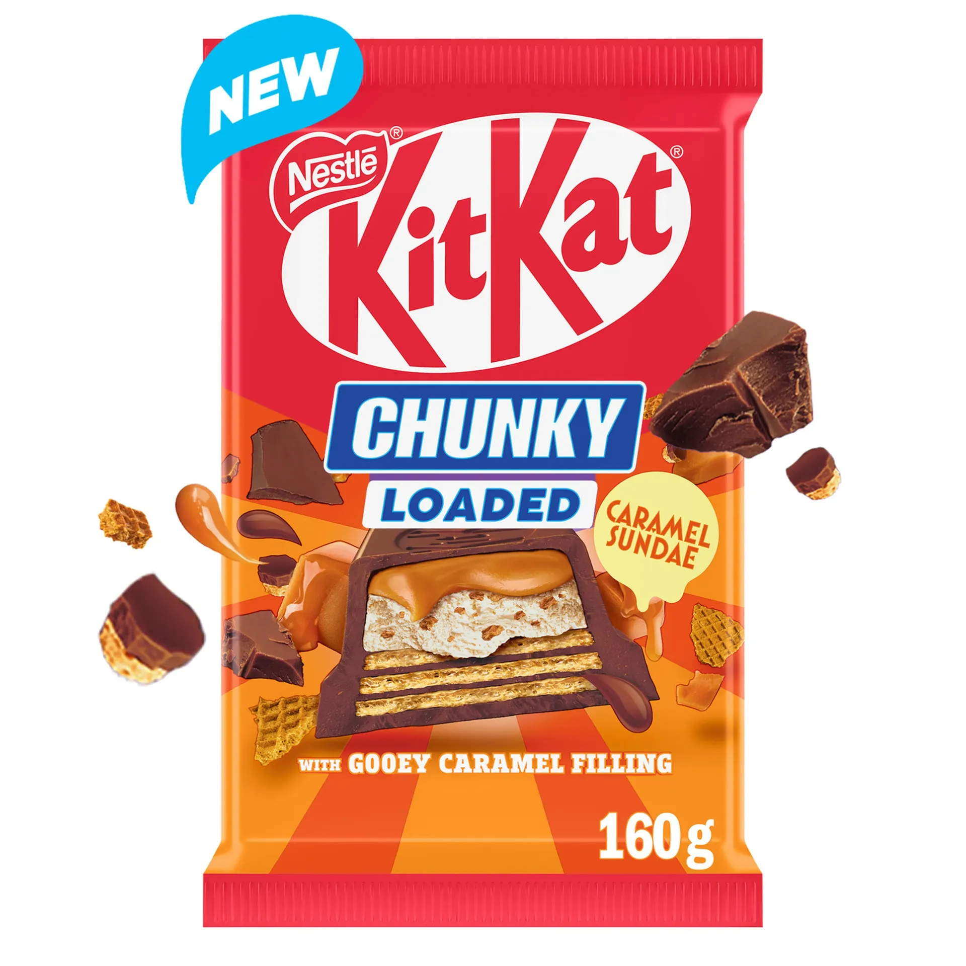 كيت كات تشانكى ألواح الويفر بحشوات الفانيليا والكراميل مع الوافل 160 جم/KITKAT CHUNKY LOADED CARAMEL SUNDAE 160 G