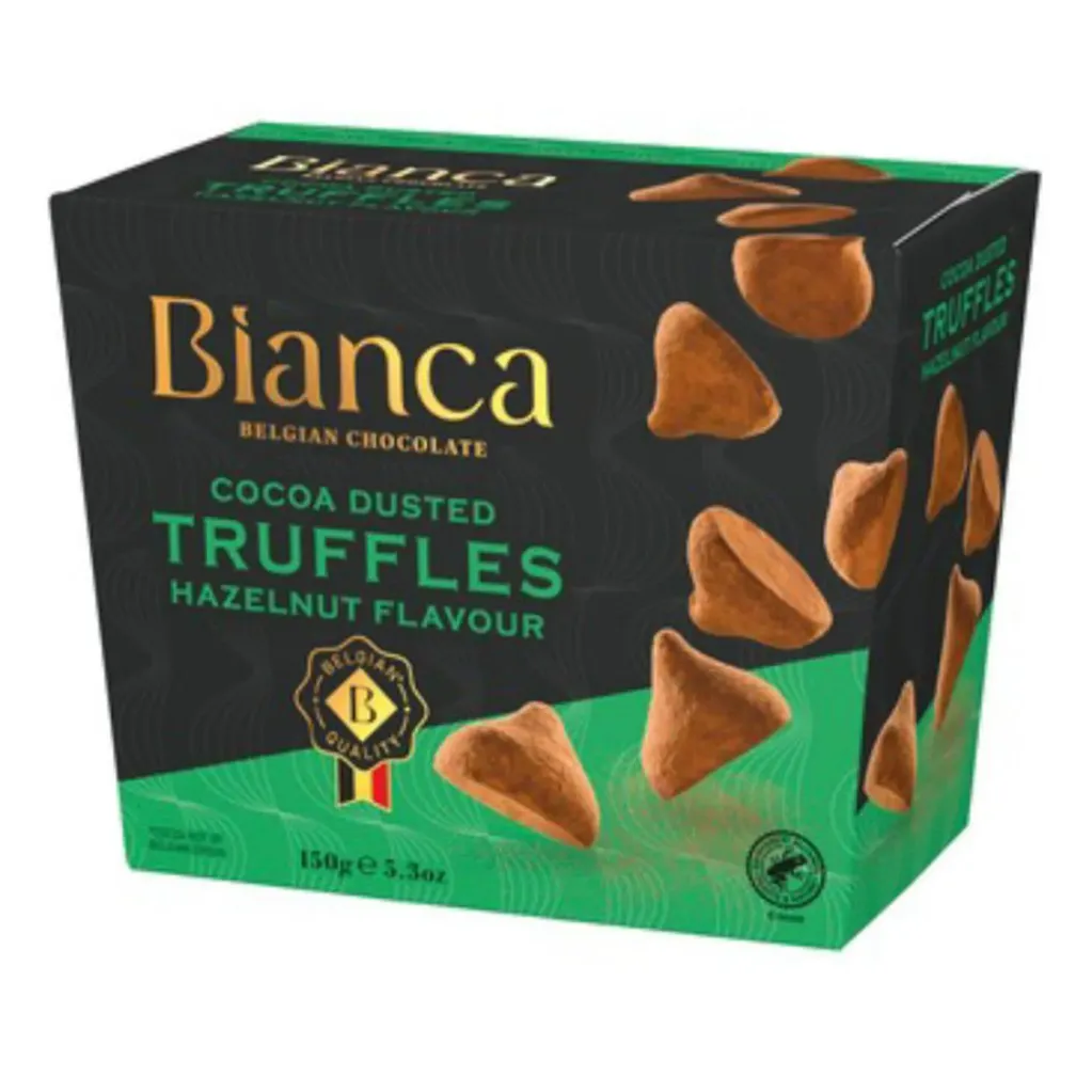 بيانكا شوكولاتة بلجيكى ترافيل الكاكاو نكهة البندق 150 جم/BIANCA BELGIAN CHOCOLATE COCOA DUSTED TRUFFLES HAZELNUT FLAVOR 150 G